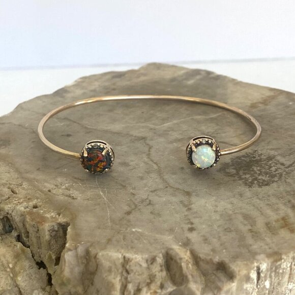 Gold Vermeil Sterling Silver Dainty Black White Opal Diamond Cuff Bracelet 6.25" - Picture 2 of 16